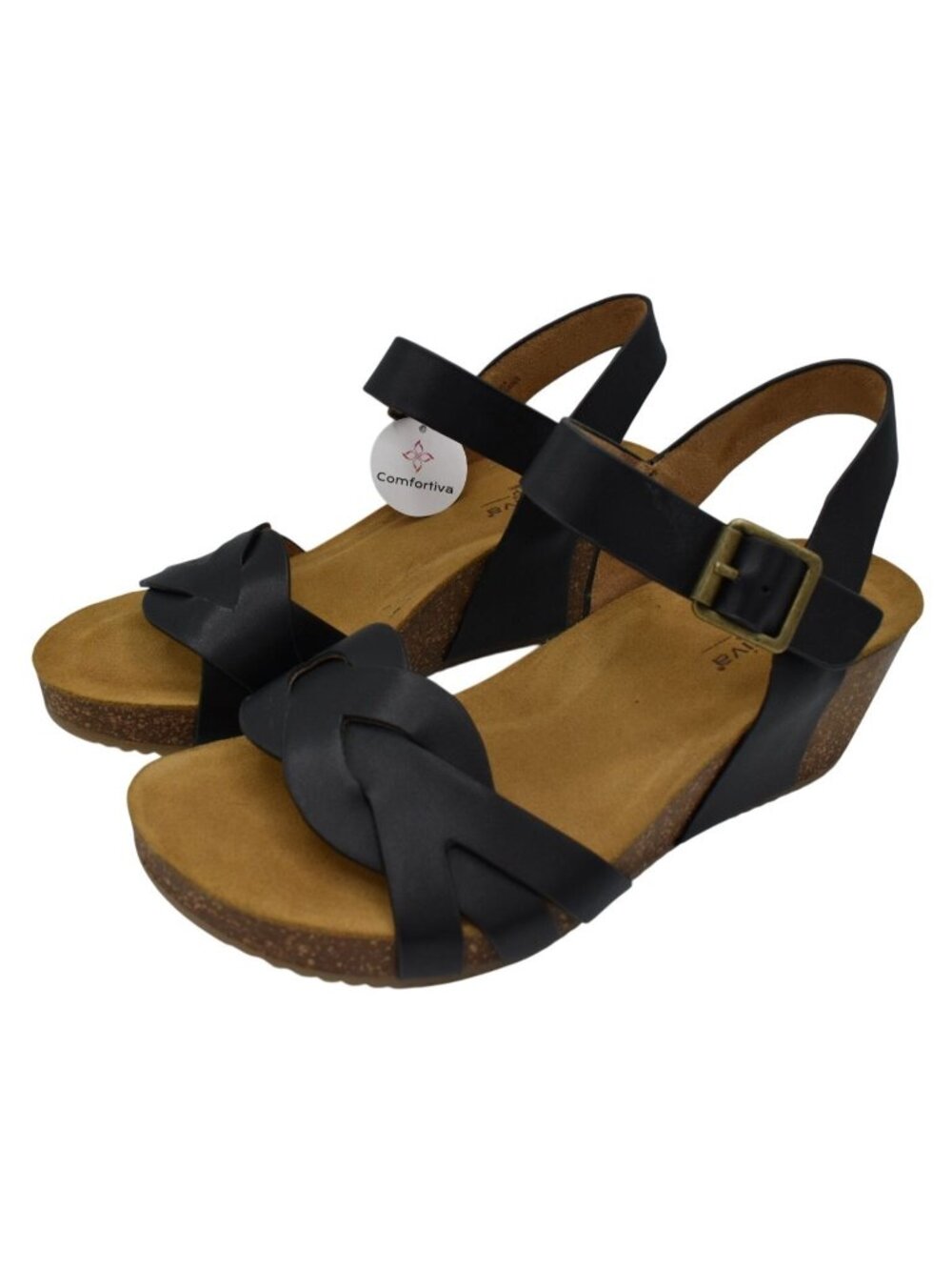 Comfortiva Womens Size 11‎ Erena Black Leather Open Toe Wedge Sandals Shoes